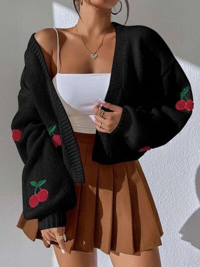 Cherry Graphic Open Front Dropped Shoulder Cardigan - Image 6