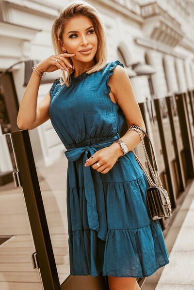 Frill Tied Round Neck Sleeveless Tiered Dress - Image 3