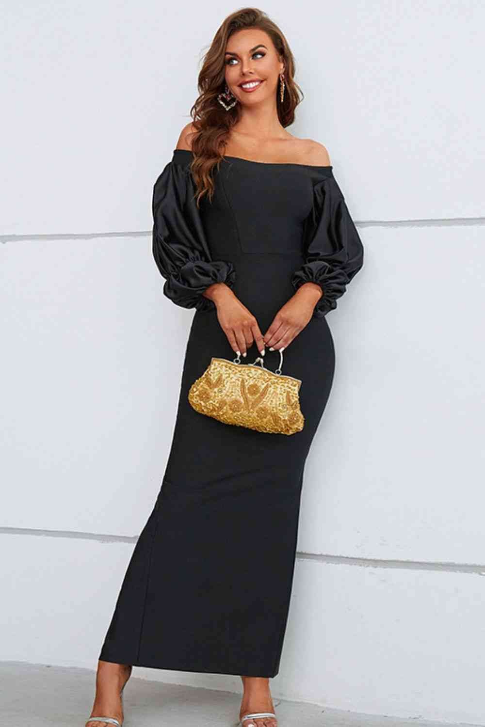 Off-Shoulder Bubble Sleeve Slit Dress - Image 3