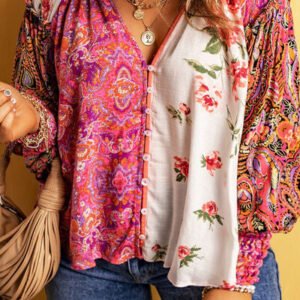 Plus Size Frill Printed V-Neck Long Sleeve Blouse