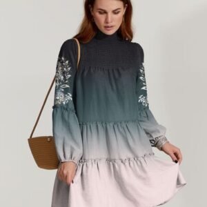 Gradient Smocked Turtleneck Balloon Sleeve Mini Dress