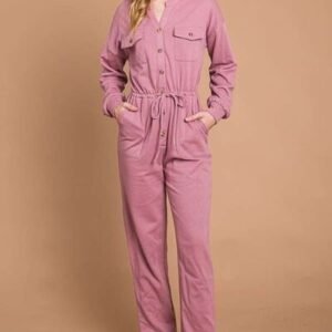 Culture Code Full Size Button Up Drawstring Waist Straight Jumpsuit