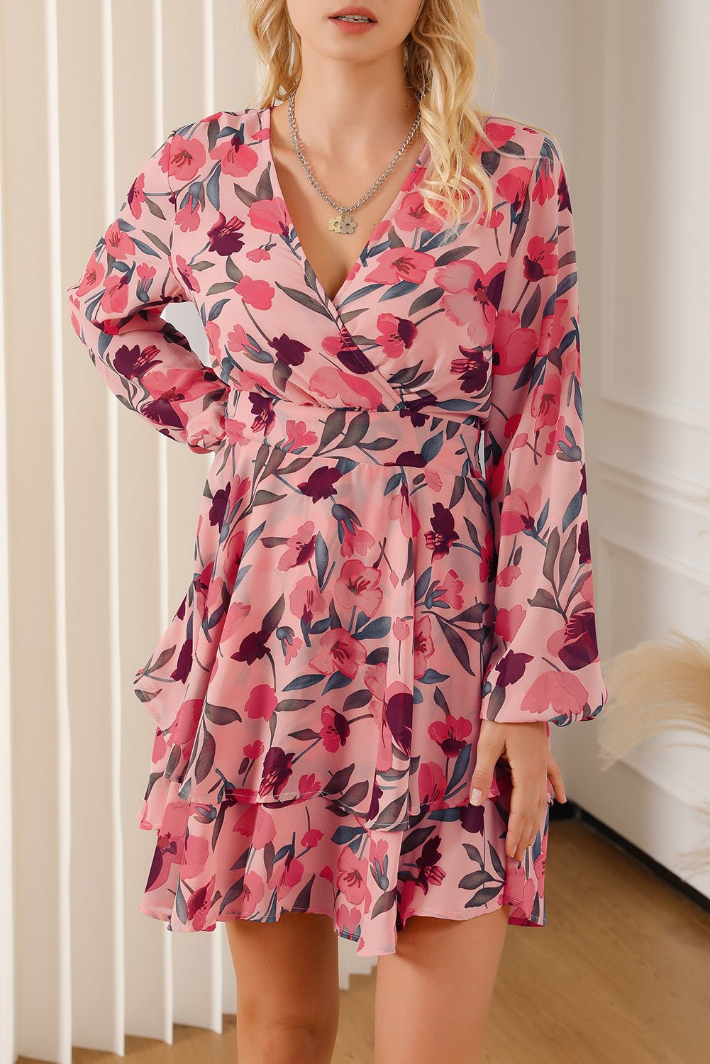 Printed Surplice Balloon Sleeve Mini Dress - Image 7