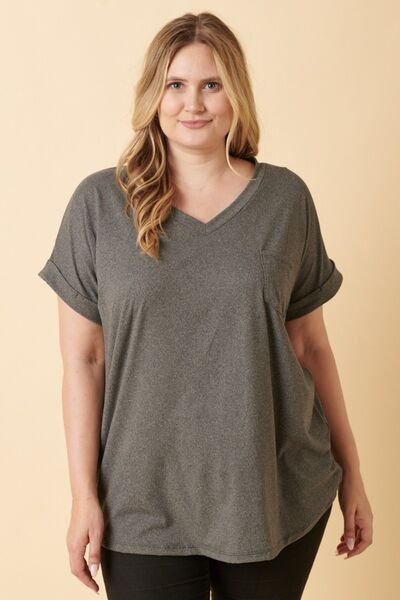 Mittoshop Full Size V-Neck Rolled Short Sleeve T-Shirt - Image 2