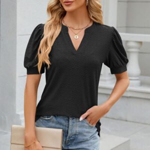 Eyelet Notched Puff Sleeve T-Shirt