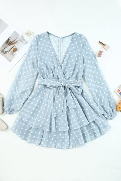 Tied Layered Polka Dot Balloon Sleeve Dress - Image 6