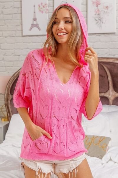 BiBi Openwork Heart Hooded Knit Top - Image 2