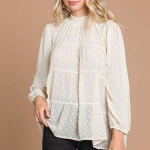 Culture Code Full Size Swiss Dot Smocked Mock Neck Blouse
