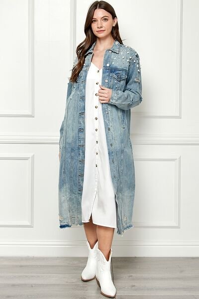 Veveret Full Size Distressed Raw Hem Pearl Detail Button Up Jacket - Image 9