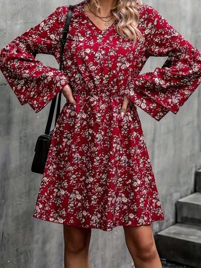 Printed V-Neck Long Sleeve Mini Dress - Image 3