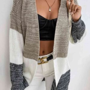 Tricolor Color Block Open Front Cardigan