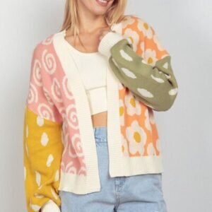 VERY J Color Block Open Front Long Sleeve Cardigan