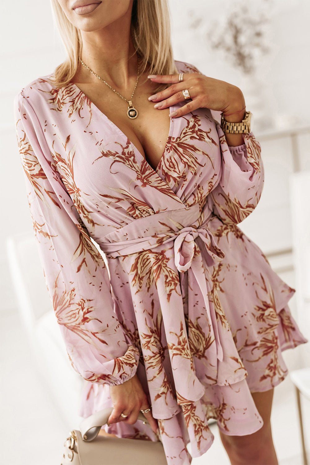 Printed Surplice Balloon Sleeve Mini Dress - Image 13