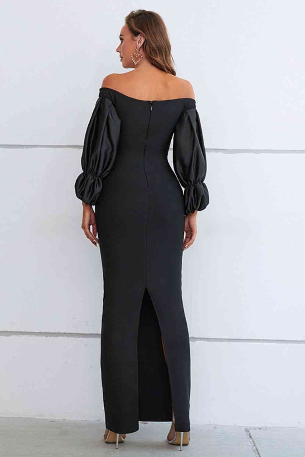 Off-Shoulder Bubble Sleeve Slit Dress - Image 2
