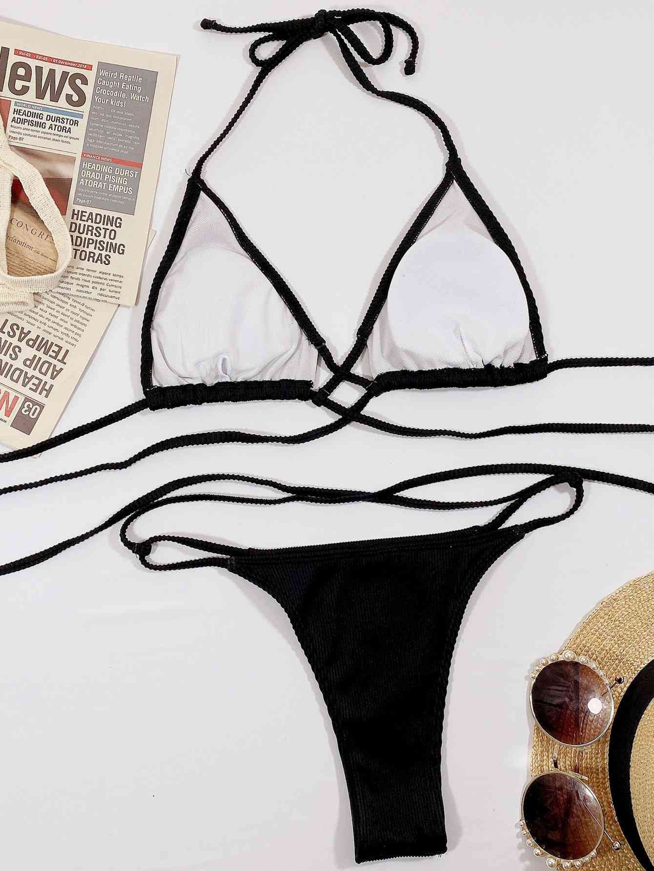 Halter Neck Crisscross Ribbed Bikini Set - Image 16