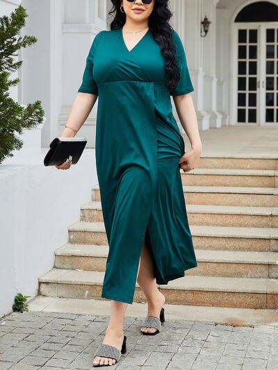 Plus Size Slit Surplice Short Sleeve Midi Dress - Image 6