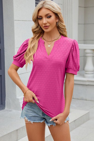 Eyelet Notched Puff Sleeve T-Shirt - Image 5