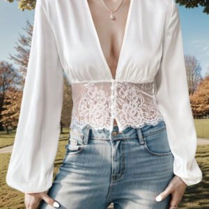Lace Detail Plunge Balloon Sleeve Blouse