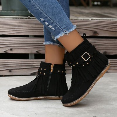Studded Fringe Round Toe Boots - Image 5