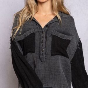 POL Oversize Contrast Long Sleeve Half Button Blouse