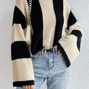 Striped Mock Neck Long Sleeve Sweater