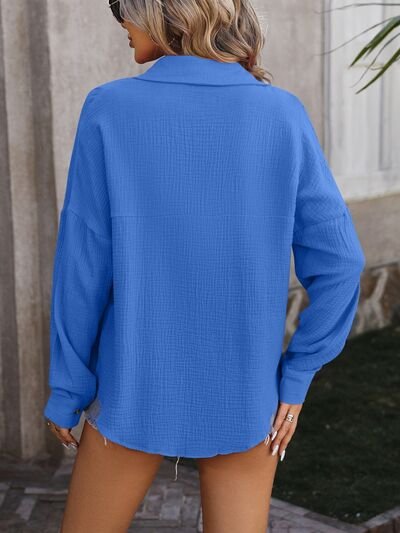 Textured Pocketed Button Up Dropped Shoulder Shirt - Image 4