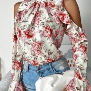 Floral Cold Shoulder Ruffle Trim Blouse