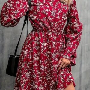 Printed V-Neck Long Sleeve Mini Dress