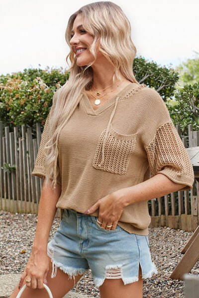 Openwork Drawstring Hooded Half Sleeve Knit Top - Image 4