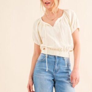 And The Why Cotton Gauze Back Waist Tie Cropped Blouse