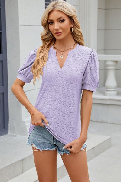 Eyelet Notched Puff Sleeve T-Shirt - Image 26