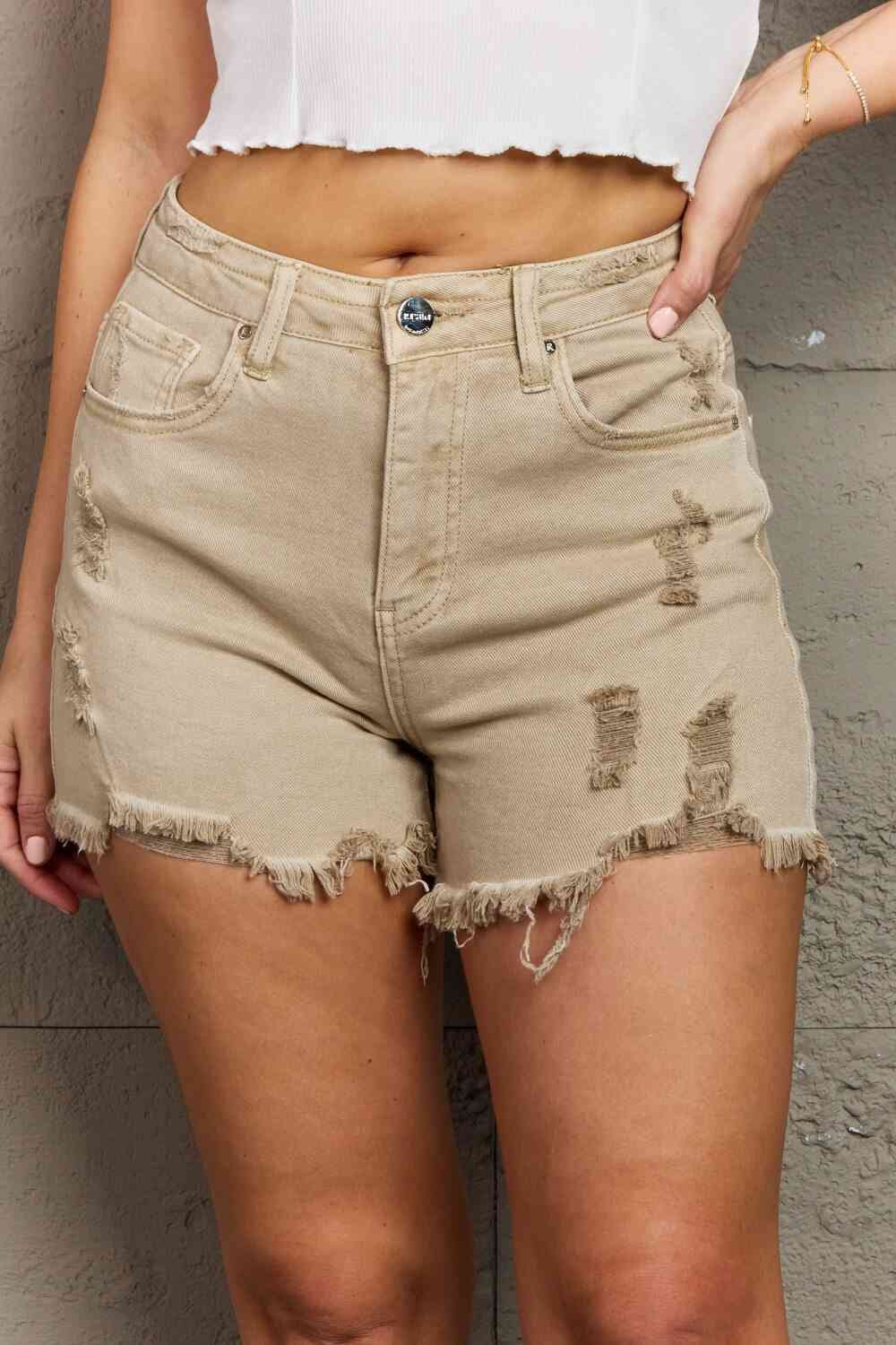 RISEN Katie Full Size High Waisted Distressed Shorts in Sand - Image 5