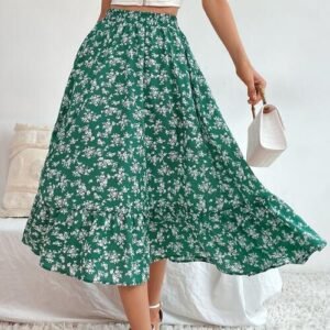 Printed Ruffle Hem Midi Skirt