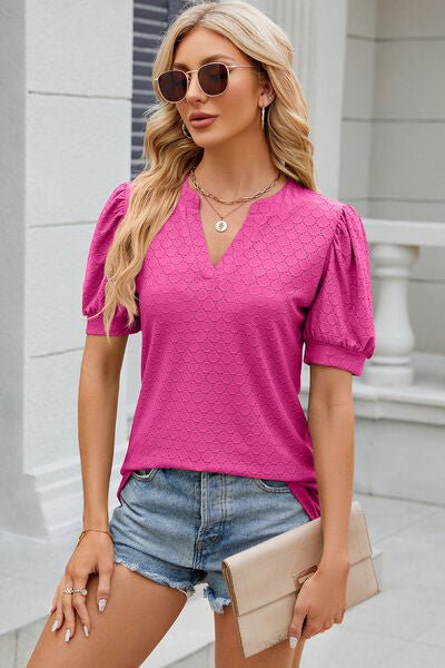 Eyelet Notched Puff Sleeve T-Shirt - Image 7