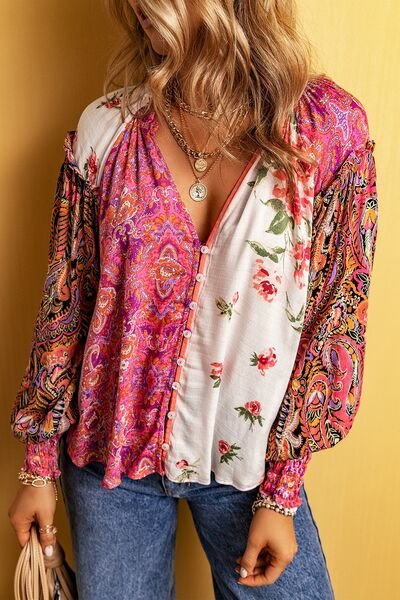 Plus Size Frill Printed V-Neck Long Sleeve Blouse - Image 2