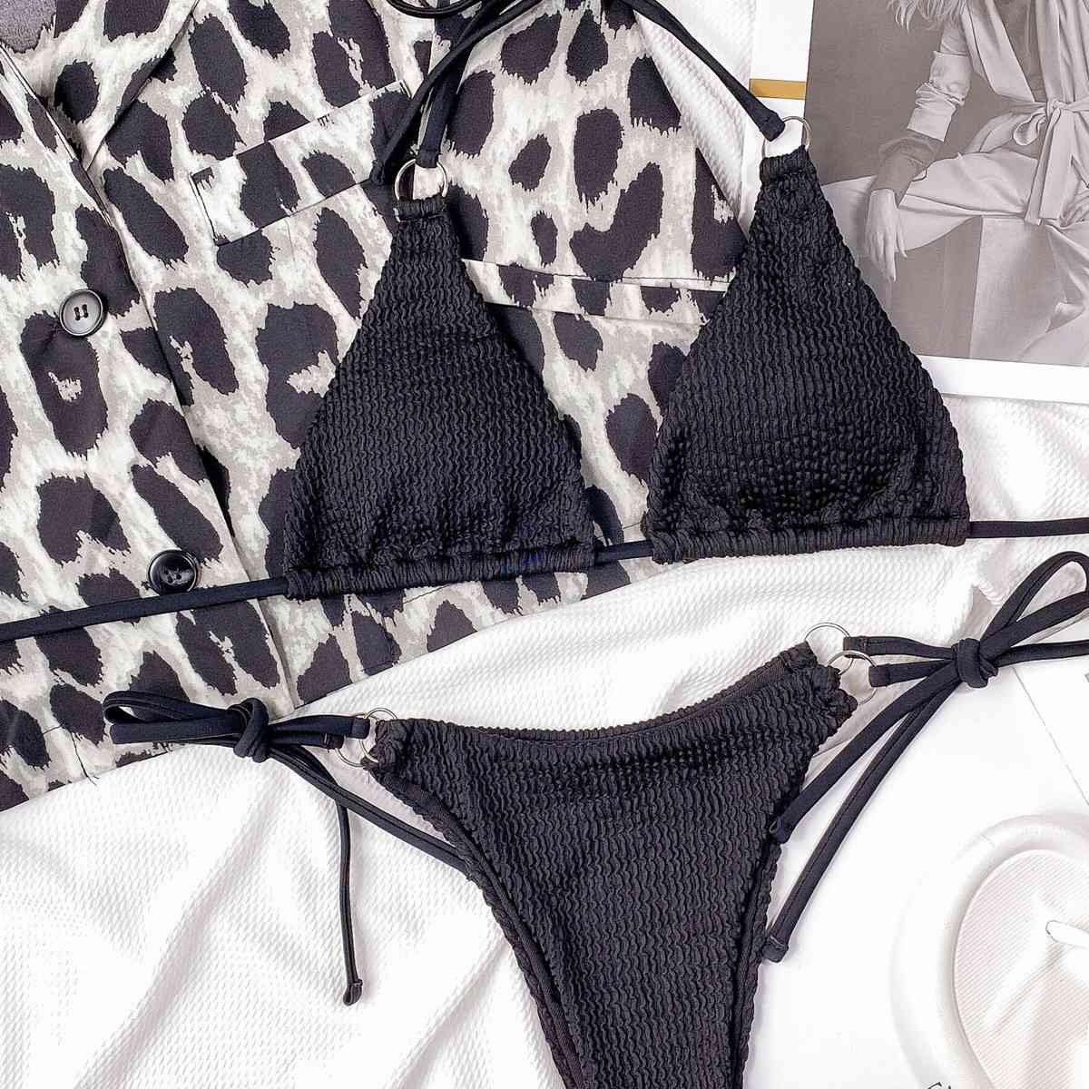 Textured Halter Neck Tie Side Bikini Set - Image 3