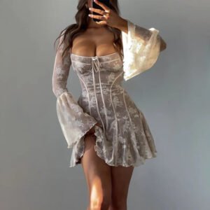 Elegant Long Sleeve White Lace Mini Dress