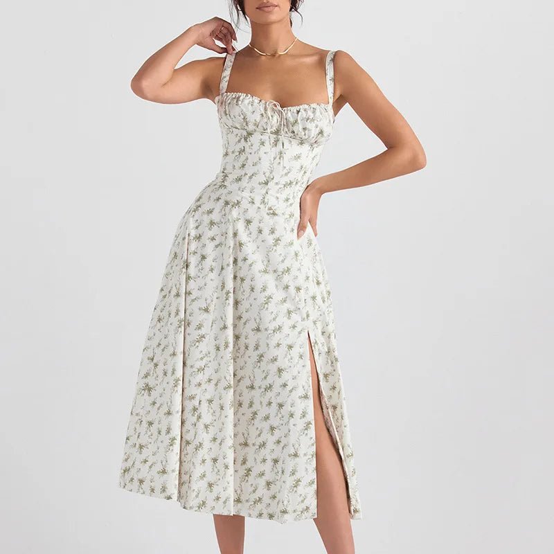 Boho Spaghetti Straps Split Thigh Floral Print Sleeveless Midi Dress