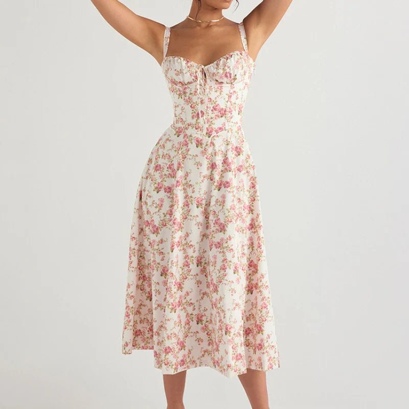 Boho Spaghetti Straps Split Thigh Floral Print Sleeveless Midi Dress - Image 3