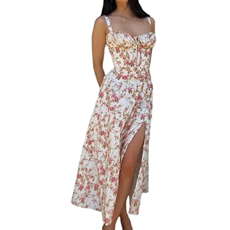 Boho Spaghetti Straps Split Thigh Floral Print Sleeveless Midi Dress - Image 7