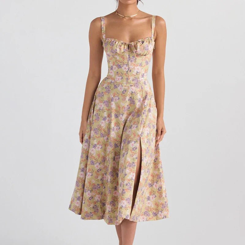 Boho Spaghetti Straps Split Thigh Floral Print Sleeveless Midi Dress - Image 10