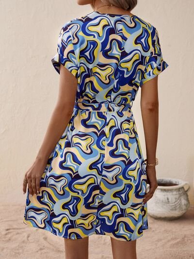 Tied Printed V-Neck Short Sleeve Dress - Image 5