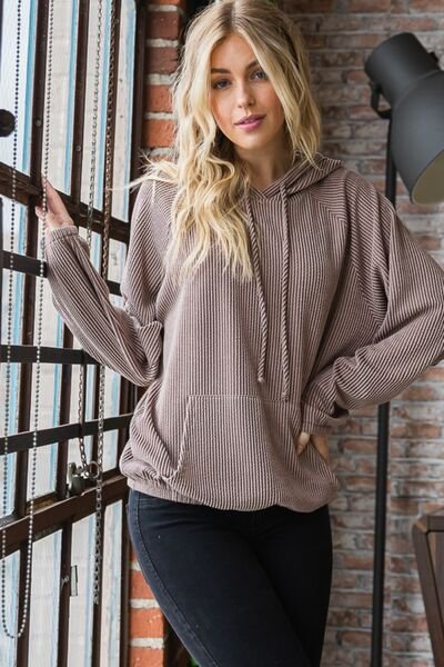 Heimish Full Size Ribbed Drawstring Kangaroo Pocket Hoodie - Image 4