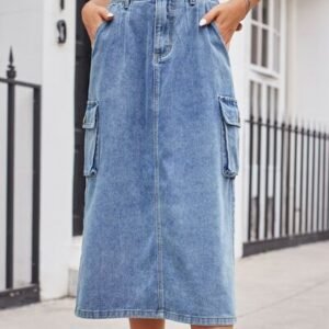 Slit Buttoned Denim Skirt with Pockets