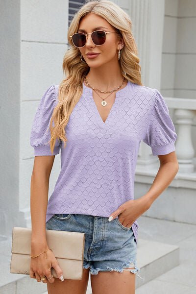 Eyelet Notched Puff Sleeve T-Shirt - Image 25