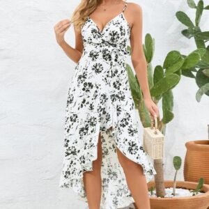 High-Low Tie Waist Printed Cami Dress