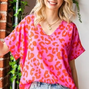 First Love Leopard V-Neck Short Sleeve Woven Top