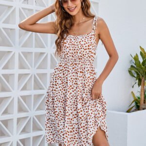 Printed Square Neck Tie Shoulder Dress
