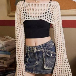 Openwork Boat Neck Dropped Shoulder Knit Cover Up