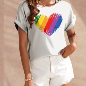 Heart Round Neck Short Sleeve T-Shirt